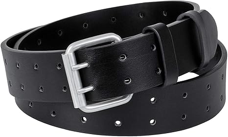 XZQTIVE Men's Double Prong Belt 2 Holes Leather Jeans Belt for Men 1.5 inches Wide